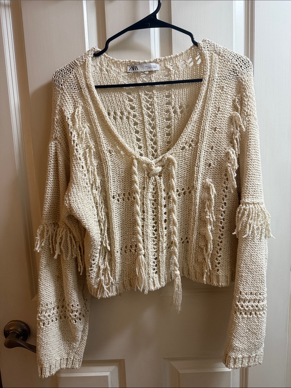 Zara Ivory Open-Knit Tassel V-Neck Sweater